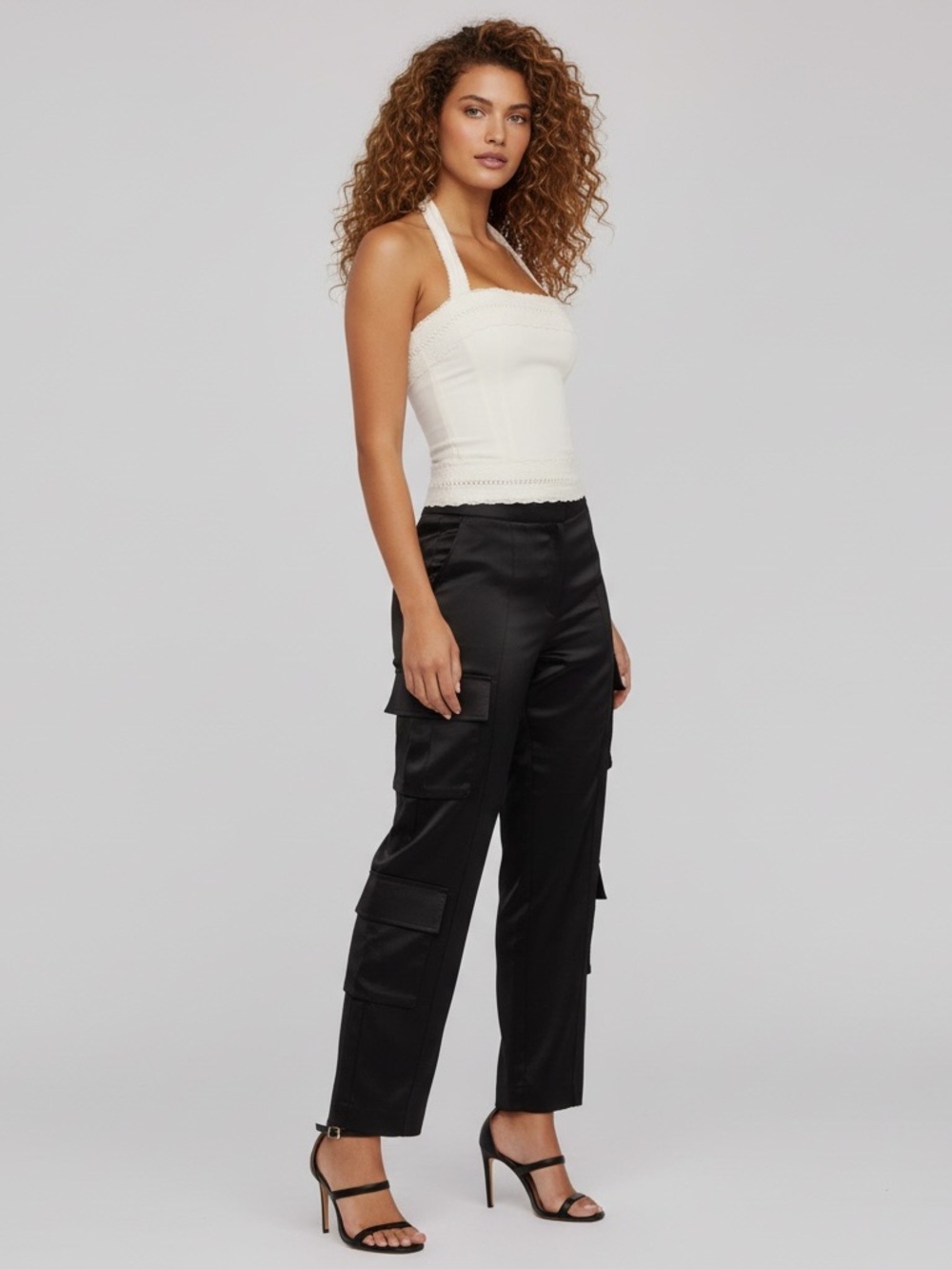 House of CB DARIA Black Satin Straight Leg Cargo Trousers women’s size L